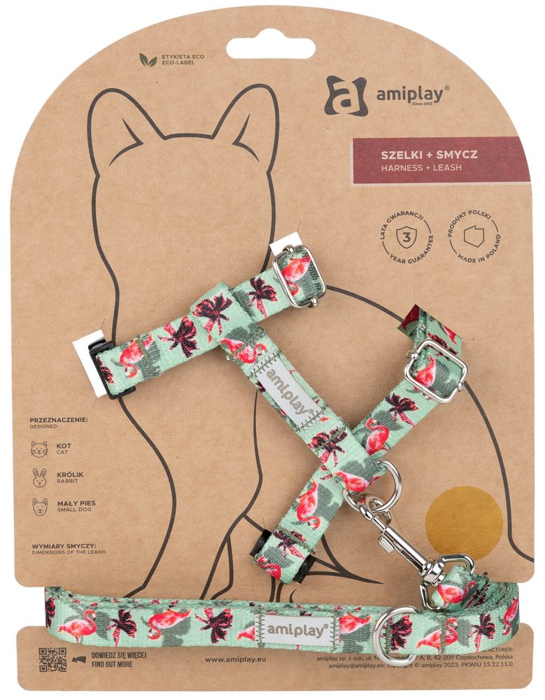 Amiplay Kšíry pro kočku s vodítkem BeHappyCat Flamingo - M
