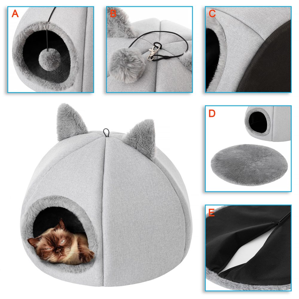 Reedog Kitty Head Ash Iglu pre mačky.

Mäkký vankúš s kožušinovým lemom: iglu obsahuje vankúš so snímateľným poťahom, ktorý možno ľahko vyprať.
Zábavná hračka: Na elastickej šnúre je pripevnená chlpatá loptička, s ktorou sa mačka môže hrať priamo vo svojom dome.
Odolné a bezpečné materiály: iglu je vyrobené z materiálov s certifikátom OEKO-TEX, ktorý zaručuje, že neobsahuje žiadne škodlivé látky.
Izolácia a pevná konštrukcia: Pevnú kostru iglu tvorí polyetylénová pena a spodná časť je vyrobená z netkanej textílie s izolačnými vlastnosťami, ktorá chráni pred vlhkosťou.

Tento domček na hranie je ideálny na relaxáciu, spánok a zábavu.
 

Veľkosť si môžete vybrať podľa tabuľky: (*Naše postele Reedog sú ručne šité, takže veľkosť sa môže mierne líšiť, ale nie viac ako 2 - 4 cm.)
 
Výhody


Kvalitný a odolný materiál


lôžko a búda v jednom


jedinečný dizajn


Certifikát OEKO-TEX


 
Nevýhody

žiadne

 
Obsah balenia

Iglu pre mačky Reedog
Technické špecifikácie sa môžu zmeniť bez predchádzajúceho upozornenia.