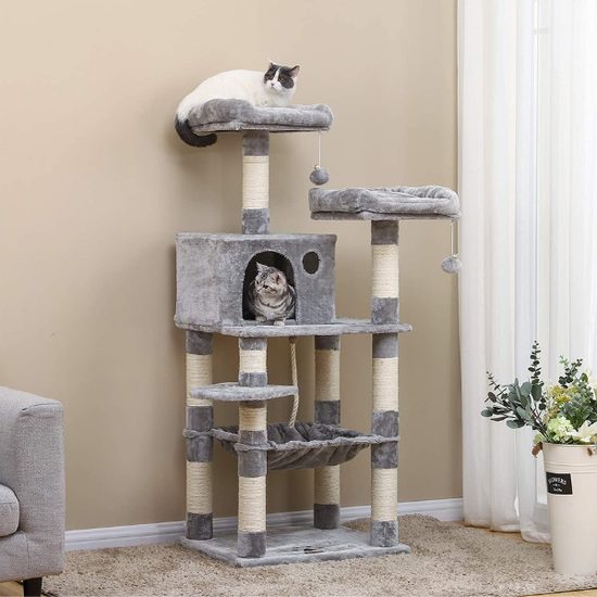 Cat scratching tree, grey and white, 143 cm