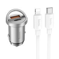 Nabíječka do auta 2 x USB QC3.0 18W + Typ C PD 45W kabel Typ C pro Iphone Lightning 8pin Handy NZ10 stříbrný - HOCO