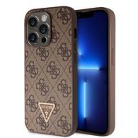 Obal / kryt na Apple iPhone 15 Pro hnedé - Guess PU 4G Strass Triangle Metal Logo