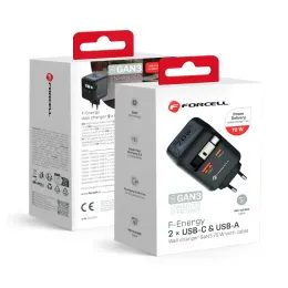Nabíječka GaN USB C + USB A + samonavíjecí kabel USB C PD QC4.0 3A 70W šedá - Forcell