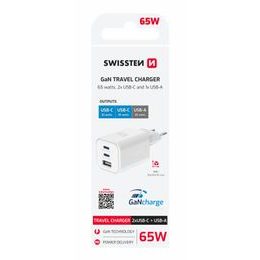 Síťový adaptér GaN 2x USB-C 65W PD + 1x USB-A 30W QC bílý - SWISSTEN