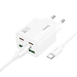 Nabíječka 2x USB-C 2x USB-A 30W s kabelem USB-C/USB-C bílá - HOCO
