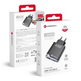 Ultratenká síťová nabíječka GaN III 1 x Typ C + 1 x USB A PD QC4.0 3A 45W černá - FORCELL F-ENERGY