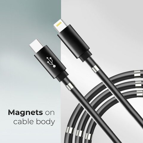 C-típusú kábel iPhone Lightning 8-tűs PD18W mágneses 3A fekete 1m