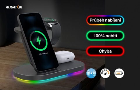 Bezdrátová nabíjecí stanice Aligator Smart Station S 15W, 3v1, černá