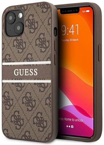 Obal / kryt pre Apple iPhone 13 Mini hnedé - Guess PU 4G Printed Stripe