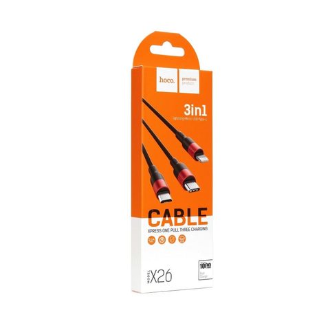 Adat / töltőkábel 3in1 X26 (Lightning / Micro USB / USB-C) Fekete Piros - HOCO