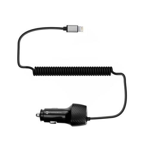 Nabíječka do auta USB QC 3.0 18W + cable for Apple Lightning 8-pin  černá (Celkem 38W) - FORCELL CARBON