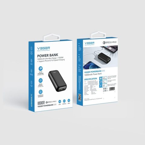 Power Bank VEGER S10 černá - 10 000mAh LCD Quick Charge PD20W