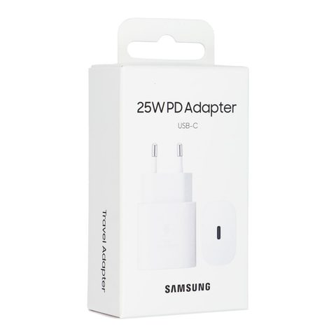 Samsung hálózati adapter gyorstöltéssel (25W), kábel nélkül a csomagolásban, fehér színű