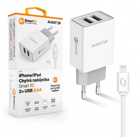 Chytrá síťová nabíječka ALIGATOR 2,4A 2xUSB smart IC bílá USB - Lightning