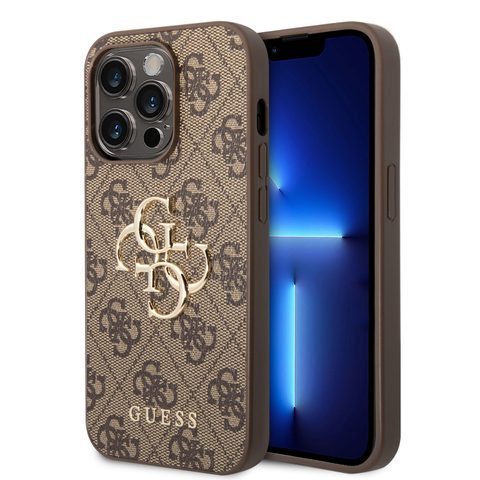 Obal / kryt na Apple iPhone 15 Pro hnedé - Guess PU 4G Metal Logo