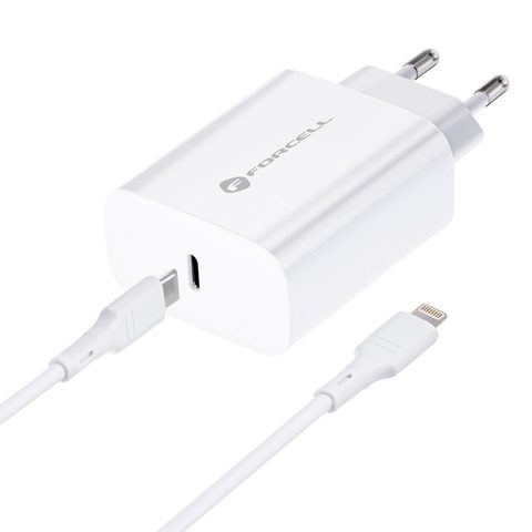 Nabíjačka so zásuvkou USB C 3A 20W, rýchle nabíjanie + Lightning kábel biela - Forcell