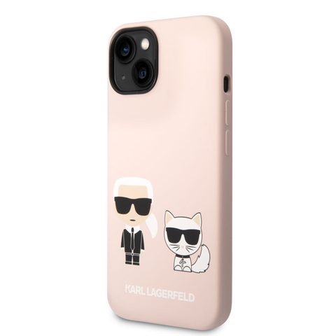 Karl Lagerfeld és Choupette folyékony szilikon hátlap iPhone 14 Max rózsaszínhez