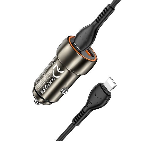 Nabíječka do auta Type C + USB QC3.0 Power Delivery 20W s kabelem pro iPhone Lightning 8pin Z46A kovově šedá - HOCO
