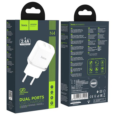 Töltő adapter 2.4A 2xUSB fehér - HOCO N4