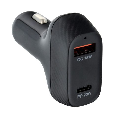 Autótöltő QWE Carbon Type C 3.0 PD20W + USB QC3.0 18W 3A CC271-1C1A fekete (összesen 38W)