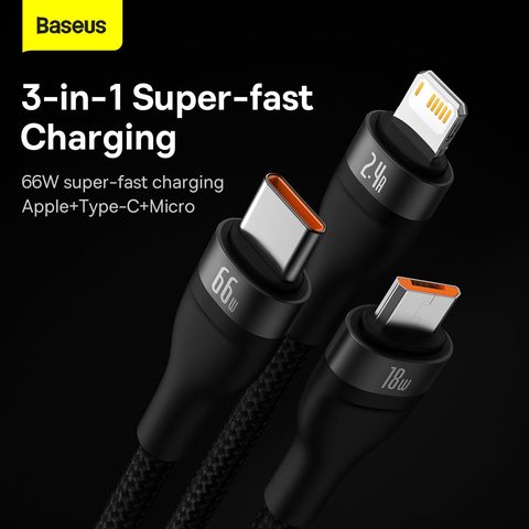 Kabel USB 3v1 Flash Series USB-C micro USB Lightning 66W CASS040001 1,2 m černý - BASEUS