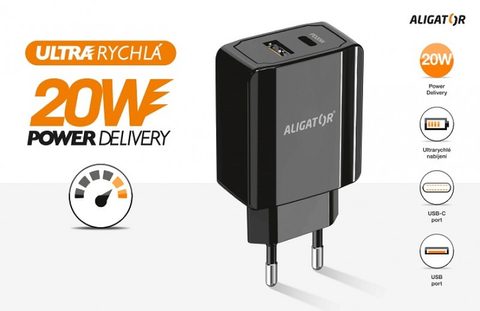 Aligator POWER DELIVERY 20W, USB + USB-C, černá