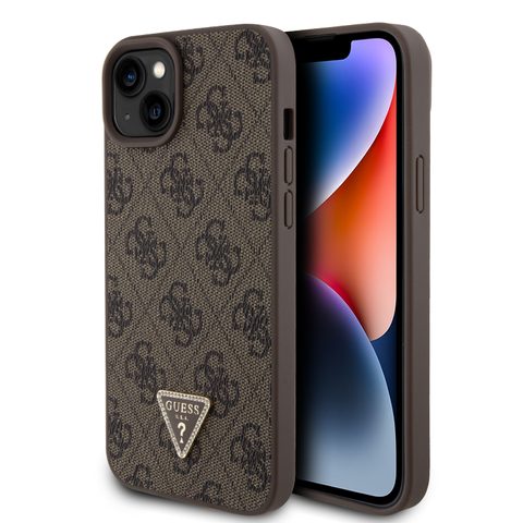 Obal / kryt na Apple iPhone 15 Plus hnedé - Guess PU 4G Strass Triangle Metal Logo