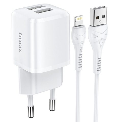 2.4A 2xUSB töltő Lightning kábellel 1m fehér - HOCO N4