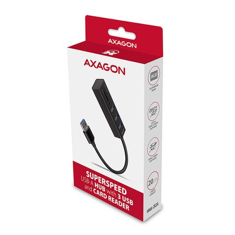 Rozbočovač / redukce  AXAGON HMA-CR3A, USB 3.2 Gen 1 hub, porty 3x USB-A + čtečka karet SD/microSD, kovový, kabel USB-A 20
