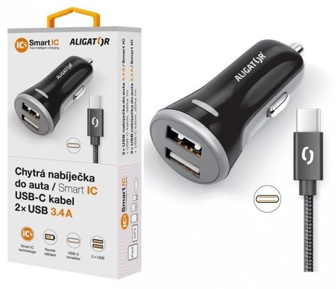 Autótöltő 3,4A, 2xUSB, intelligens IC, fekete, USB-C kábel - Alligator