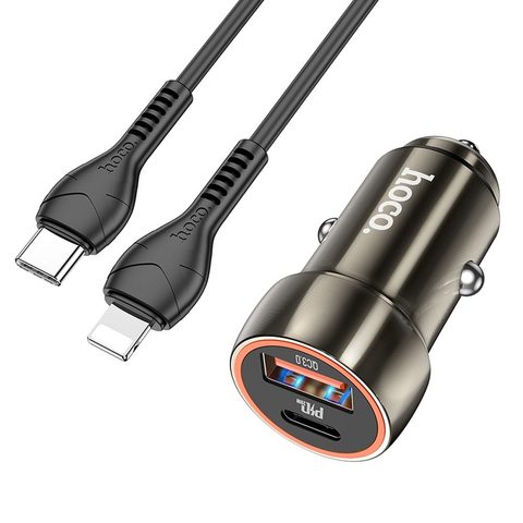 Nabíječka do auta Type C + USB QC3.0 Power Delivery 20W s kabelem pro iPhone Lightning 8pin Z46A kovově šedá - HOCO