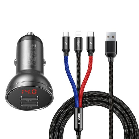 Nabíječka do auta 2x USB-A s 3v1 nabíjecím kabelem (Micro, Lightning, USB-C) černá - Baseus
