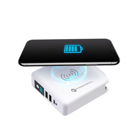 Multifunkcionális 15W-os 4in1 töltő USB / USB-C aljzattal, 8000mAh-s power bankkal és vezeték nélküli töltővel.