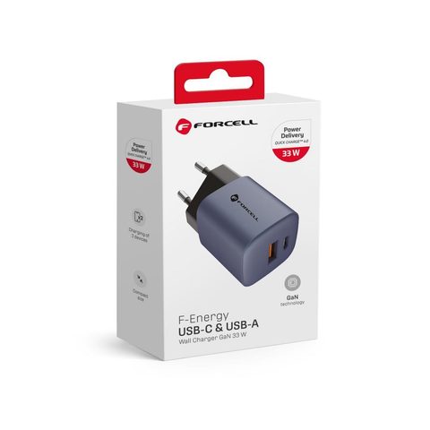 Cestovní nabíječka Forcell F-Energy se zásuvkami USB C a USB A - 3A 33W s funkcí PD a Quick Charge 4.0