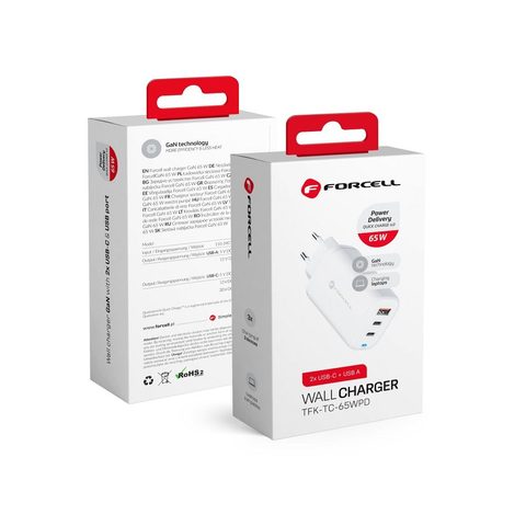 Síťová nabíječka GaN 65W 2x USB typ C i 1x USB A - 3A PD/QC - Forcell