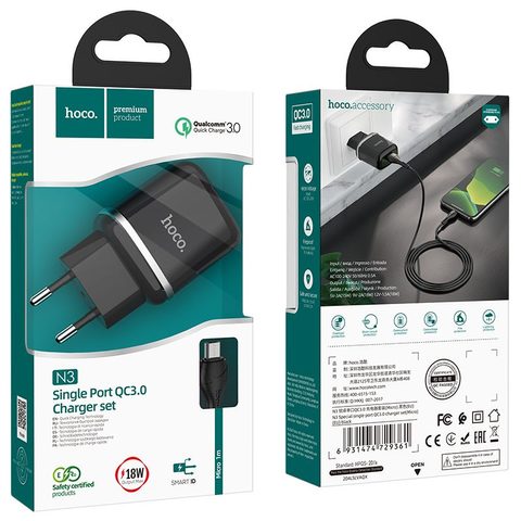 USB 3A QC3.0 gyorstöltő speciális egyportos töltő mikro kábellel N3 fekete - HOCO