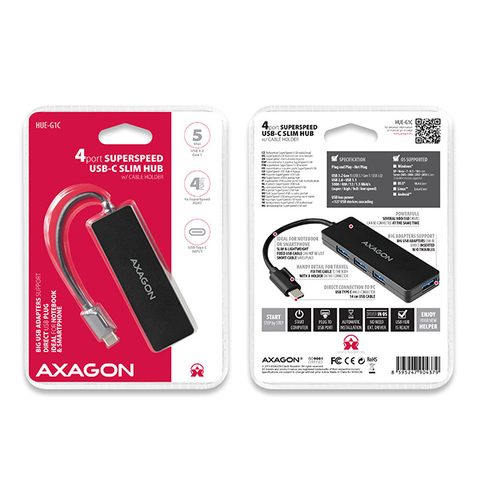 Redukce/ rozbočovač AXAGON HUE-G1C, 4x USB 3.2 Gen 1 SLIM hub, kabel Type-C 14cm napevno