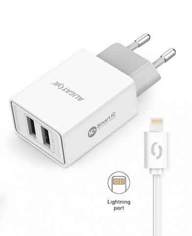 Chytrá síťová nabíječka ALIGATOR 2,4A 2xUSB smart IC bílá USB - Lightning