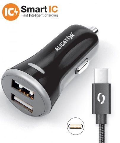 Autótöltő 3,4A, 2xUSB, intelligens IC, fekete, USB-C kábel - Alligator