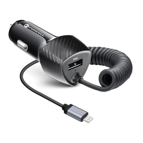 Nabíjačka do auta USB QC 3.0 18W + kábel pre Apple Lightning 8-pin čierna (spolu 38W) - FORCELL CARBON