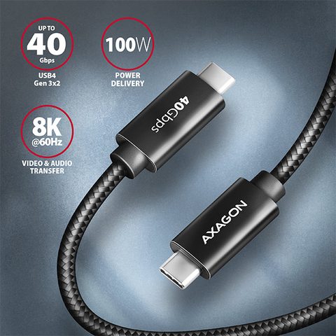 AXAGON BUCM432-CM10AB NewGEN+ <->USB-C-USB-C</-> kábel <->, 1m, USB4 Gen 3×2, PD 100W 5A, 8K HD, ALU, fonva</->