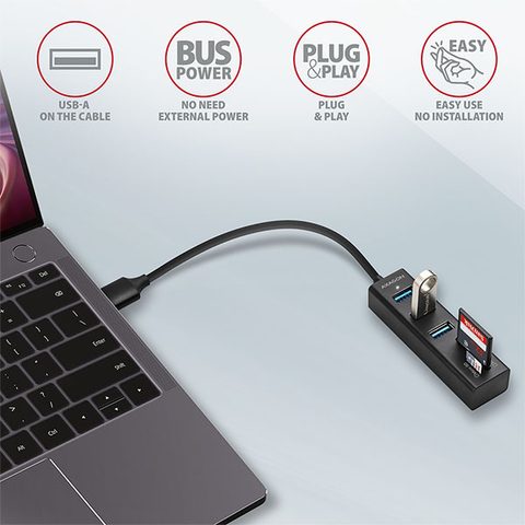 AXAGON HMA-CR3A hub / reduktor, USB 3.2 Gen 1 hub, 3x USB-A port + SD/microSD kártyaolvasó, fém, USB-A kábel 20