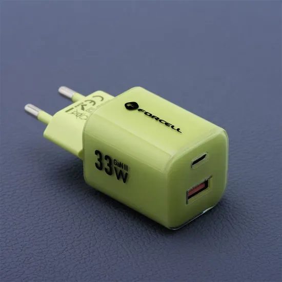 Cestovní nabíječka 33W GaN3 s kabelem, USB C + USB A zelená - FORCELL