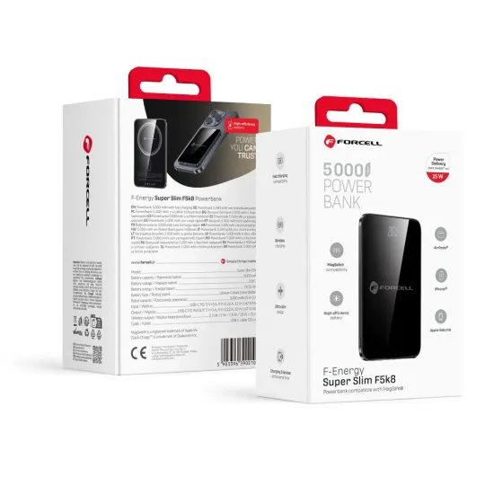 Tenká powerbanka Forcell F-Energy Super Slim F5k8 s MagSafe PD3.0 QC4.0 15W 5000mAh - černá