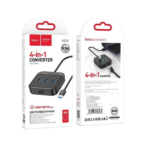Adapter HUB 4in1 Typ C to USB A + internet 0,2m HB35 - HOCO