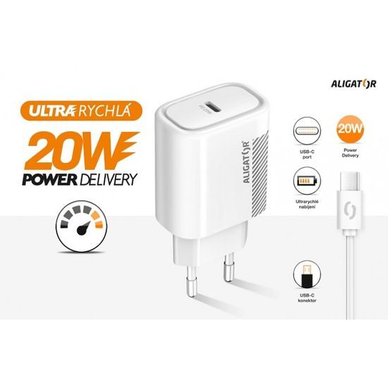 Síťová nabíječka 20W, USB-C, bílá, USB-C/USB-C kabel Aligator