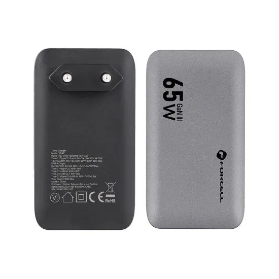 Ultra tenký síťový adaptér GaN III 2 x Type C + USB A, PD QC4.0 4A 65W šedá - FORCELL F-ENERGY