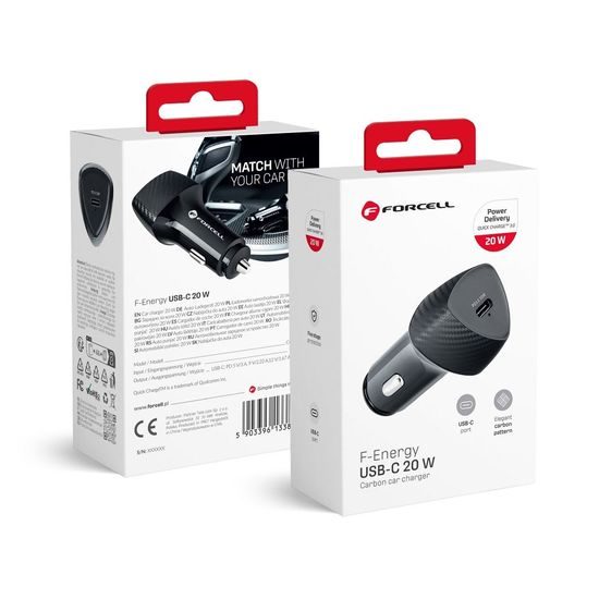 Nabíjačka do auta typ C 3.0 PD20W čierna (celkom 20W) - FORCELL CARBON