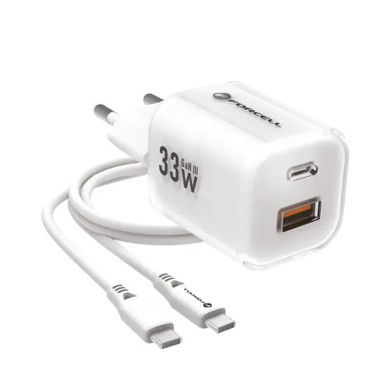 Cestovní nabíječka 33W GaN3 s kabelem, USB C + USB A bílá - FORCELL