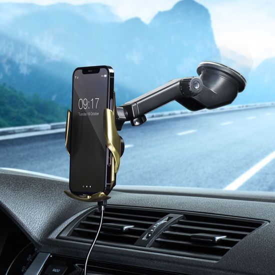 Držák do auta s bezdrátovým nabíjením 15W zlatý