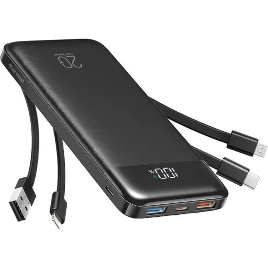 Powerbanka Charmast 10000 mAh se zabudovanými kabely černá